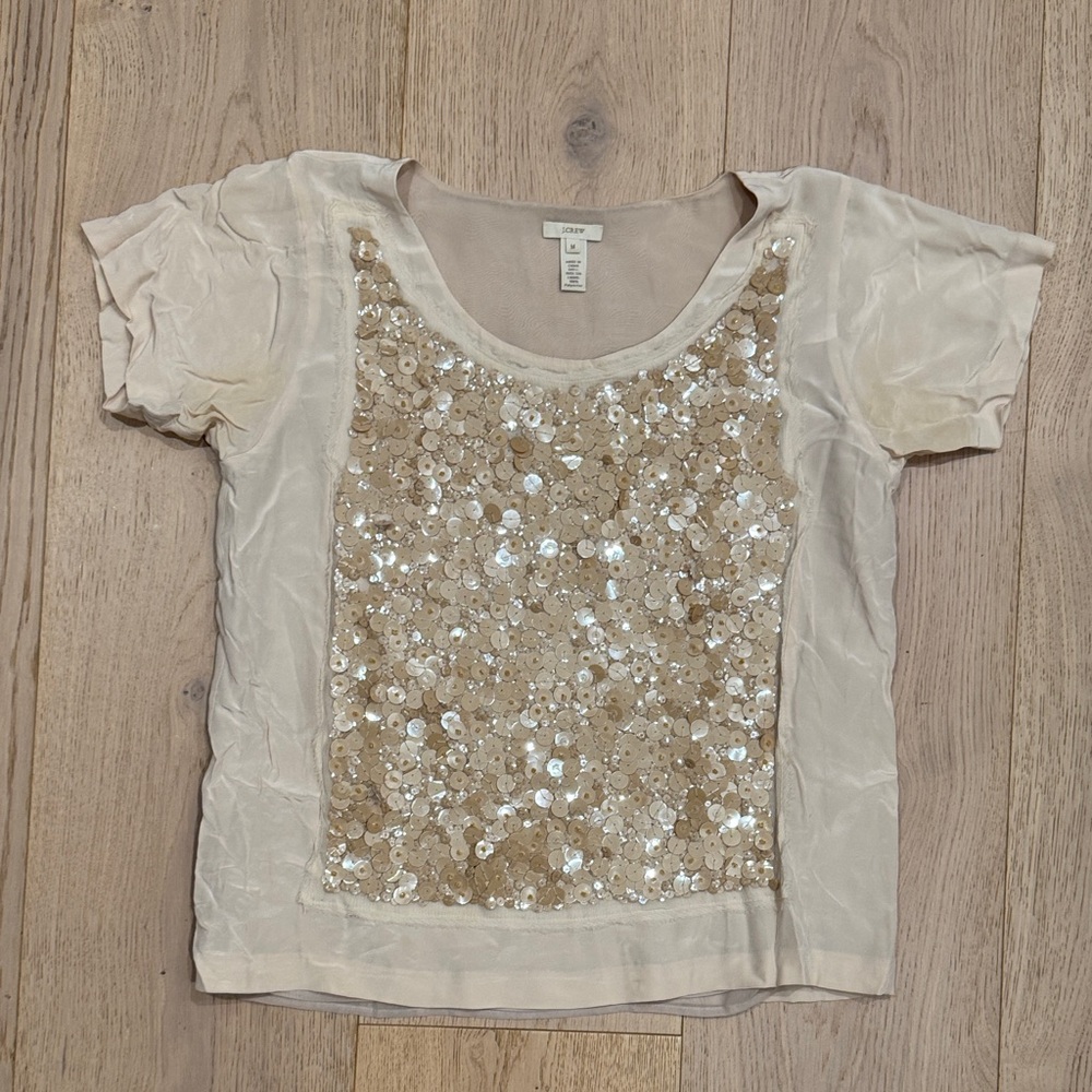 J. Crew Beige Silk Sequin Short Sleeve Top